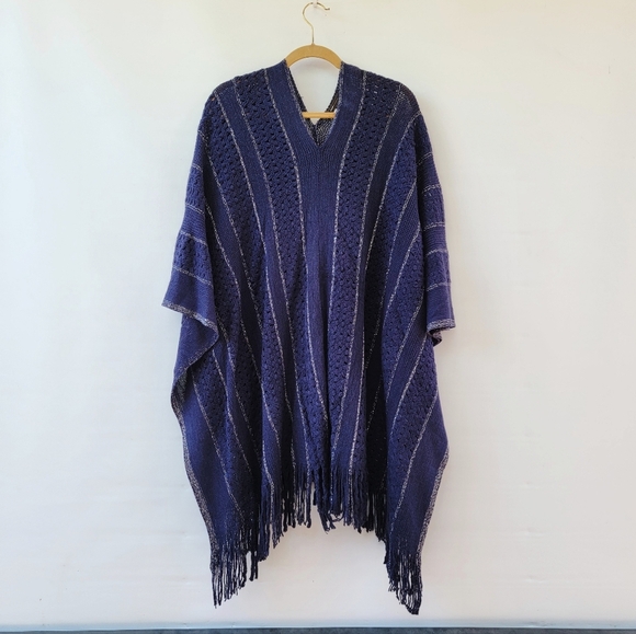 BCBGMaxAzria Navy Blue Silver Metallic New One Size Boho Longline Fringe Poncho - Picture 2 of 11